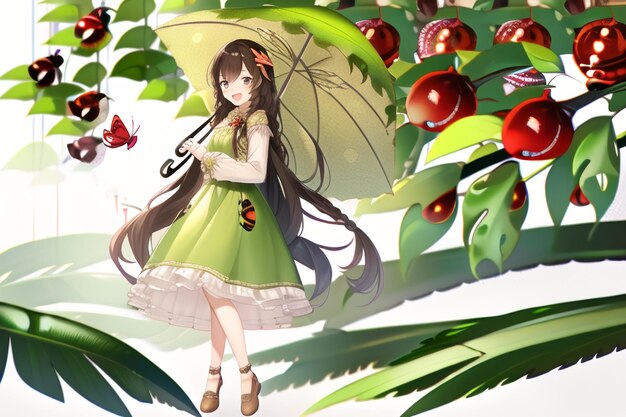 傘をさした女の子がサクランボの木の下に立っています。