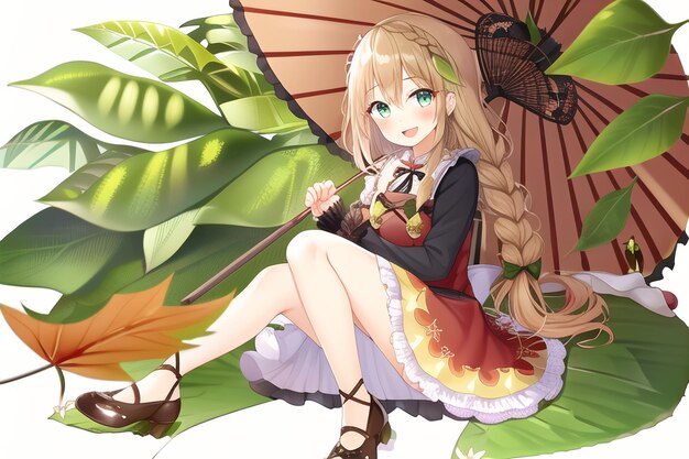 A girl with a umbrella sits on a leaf