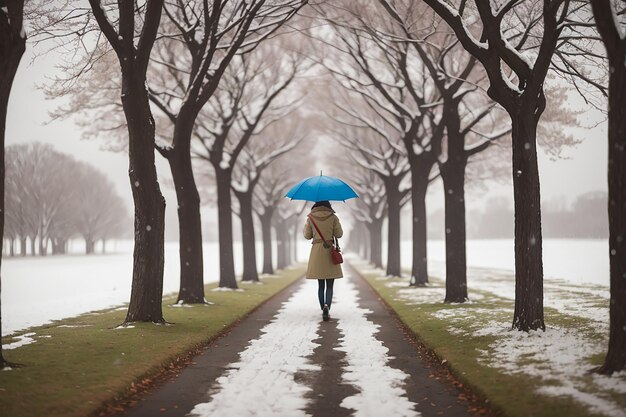 Foto ragazza con ombrello che cammina sul sentiero e arrotola gli alberi d'inverno