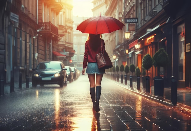 A girl with an umbrella walks along a wet city street on a rainy day