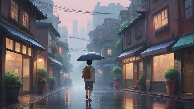 雨傘を持った女の子が雨の中を歩く女の子と通りを歩いています