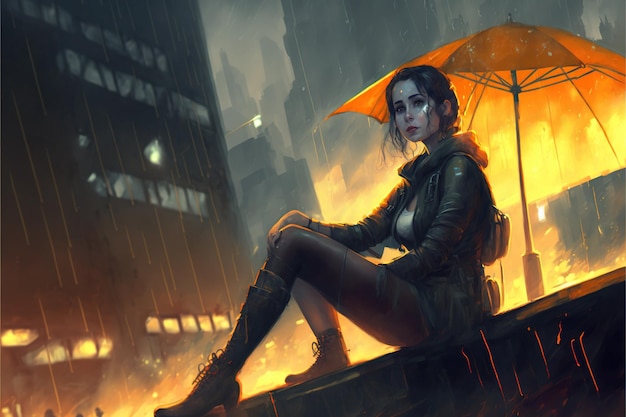 Girl with umbrella Woman in leather suit holds a burning umbrella sitting sitting on a structure in a polluted city Digital art style illustration painting