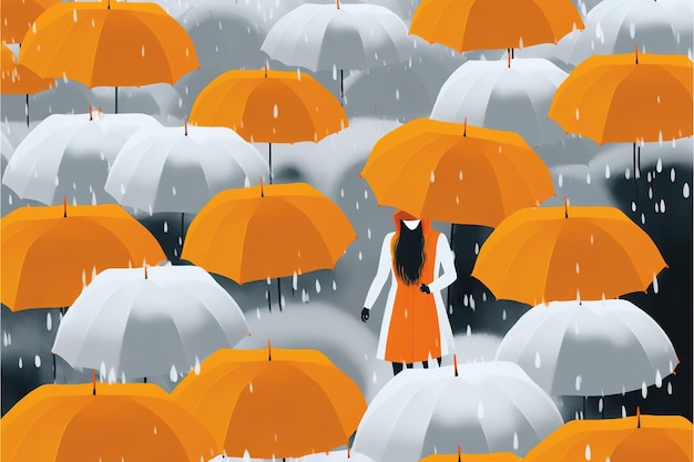 Girl with umbrella woman with white umbrella standing among many orange umbrellas digital art style illustration painting