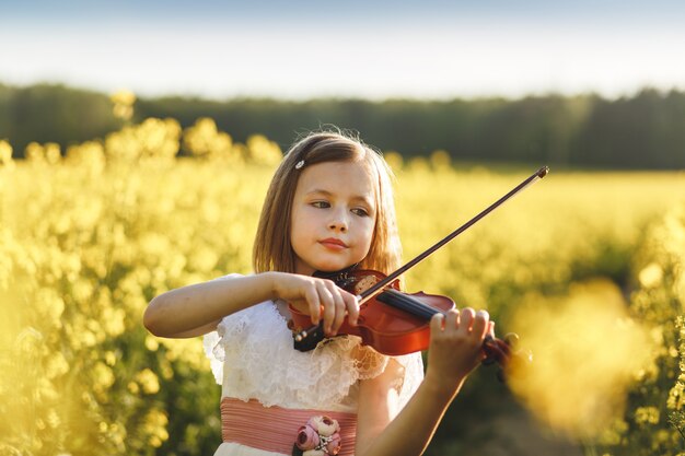 girl with a violin in a field in summer