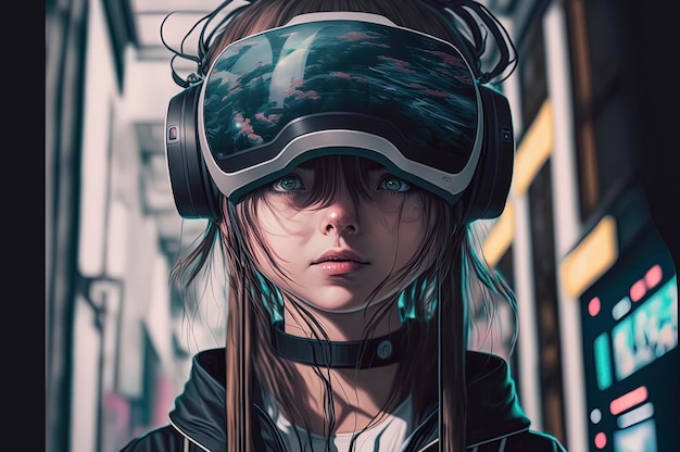 A girl with a virtual reality glasses on her head