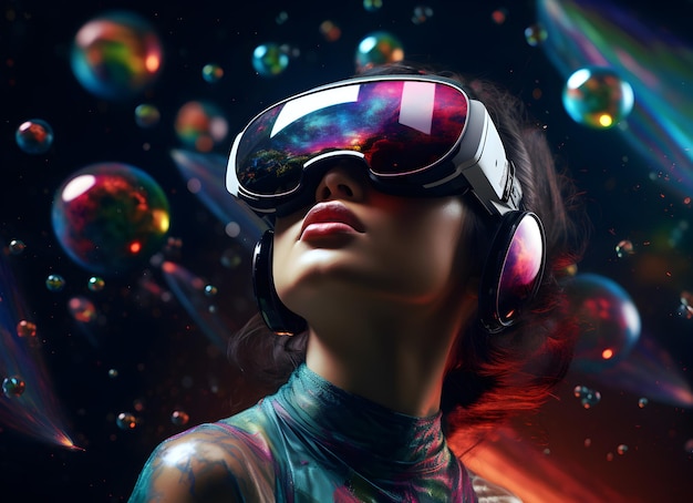 Girl with virtual reality glasses with planets background