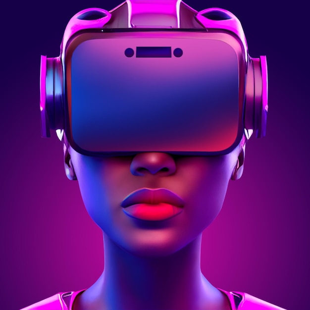 A girl with VR glasses in virtual reality, purple with pink glossy  body