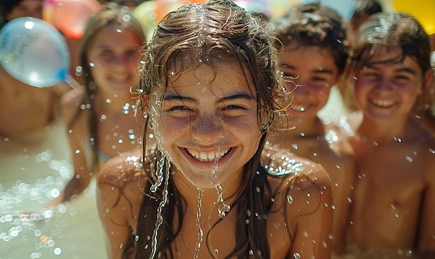 a girl with water dripping from her face and the words  she is smiling