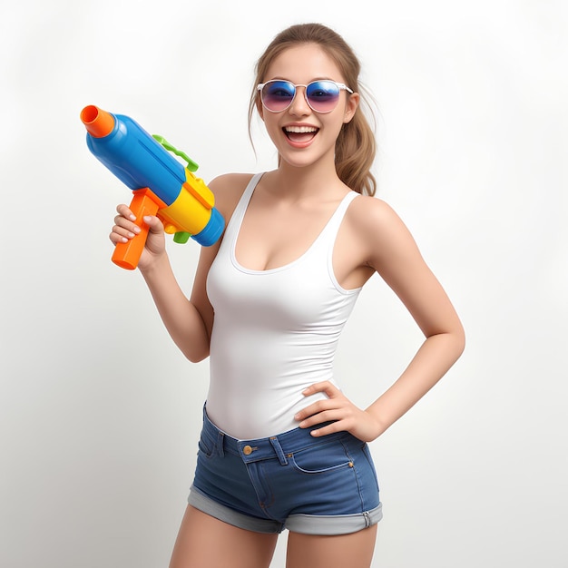 girl with a water gun in summer clothes songkran images with ai generated