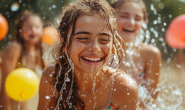 a girl with water splashing her face and smiling