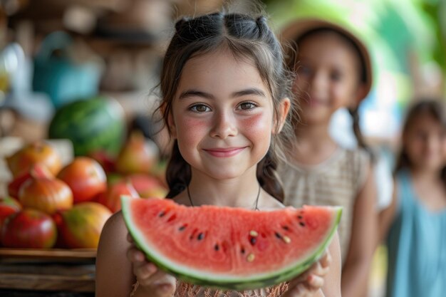 Girl with watermelon slice at a market stand