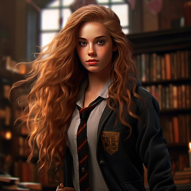 Girl with wavy hair in school uniform generated by AI