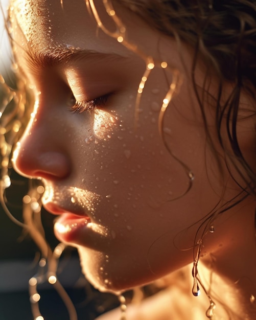 Девушка с мокрыми волосами и светом на лице