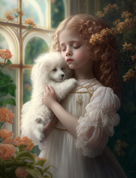 A girl with a white dog