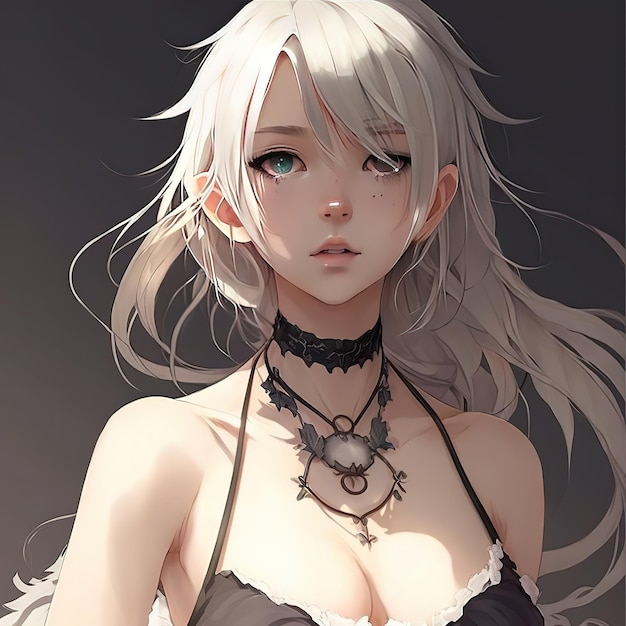 A girl with white hair and a black top with a silver necklace.