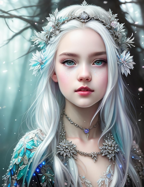 Girl with white hair and blue eyes in a forest