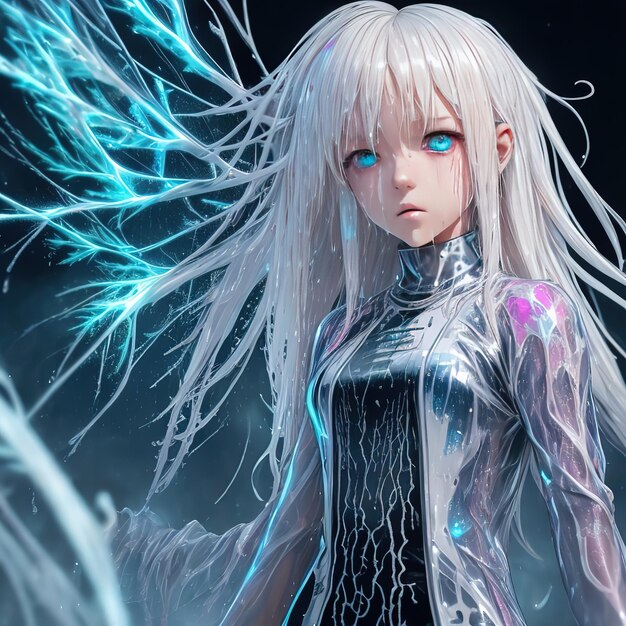 A girl with white hair and blue eyes stands in front of a black background.