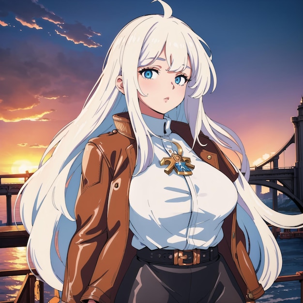 A girl with white hair and a brown jacket is standing in front of a bridge.