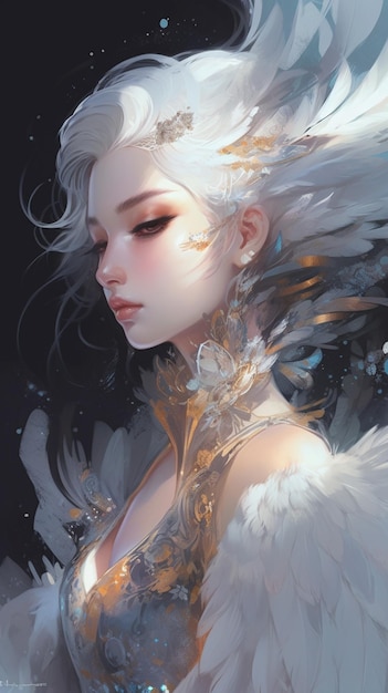 A girl with white hair and a feather on her head