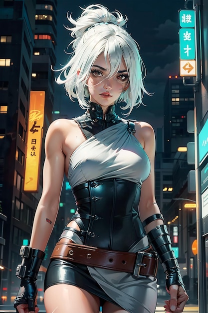 a girl with white hair in a futuristic metropolis