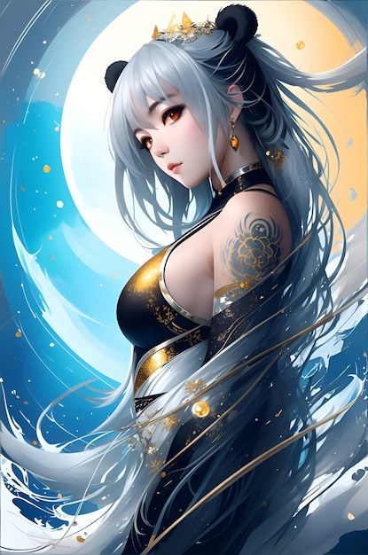 A girl with white hair and a gold ring on her hair stands in front of a moon.
