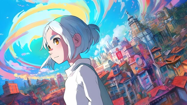 A girl with white hair stands in front of a cityscape