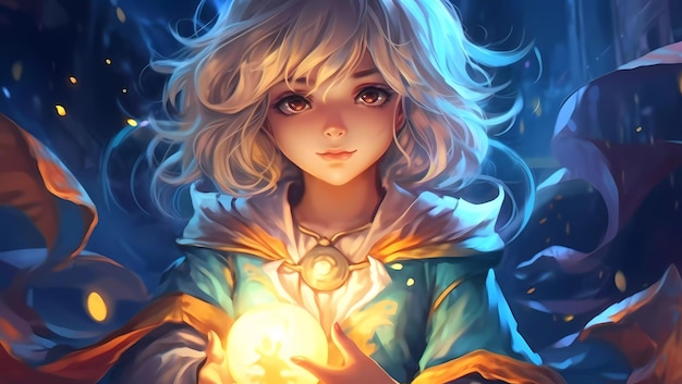 A girl with white hair and a white hair holds a glowing ball in her hands.