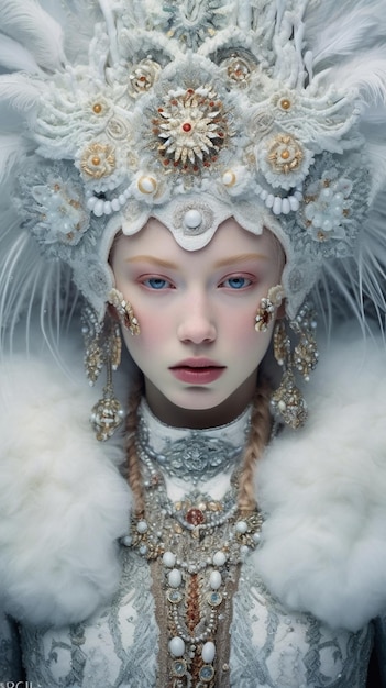 A girl with a white hat and a white feathered headdress