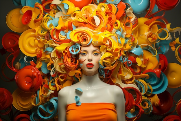 A girl with white makeup and orange balloons on her head and orange hair