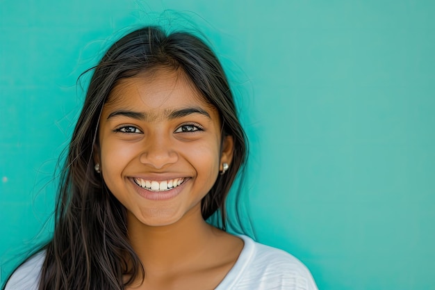 Photo a girl with a white shirt that says  she is smiling