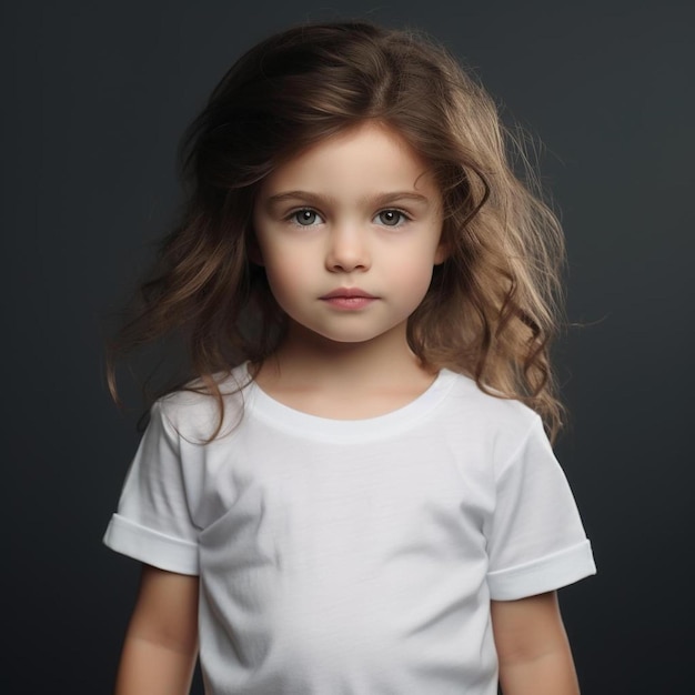 A girl with a white shirt that says " the word " on it.