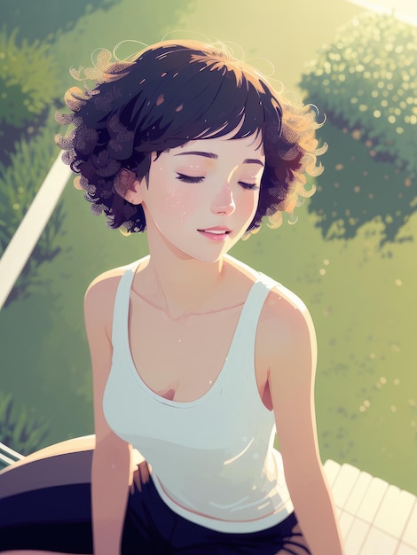 A girl with a white tank top sits on a bench in front of a green lawn.