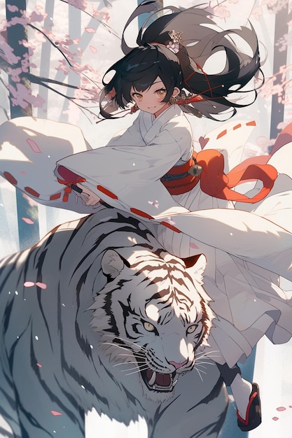 A girl with a white tiger on her back