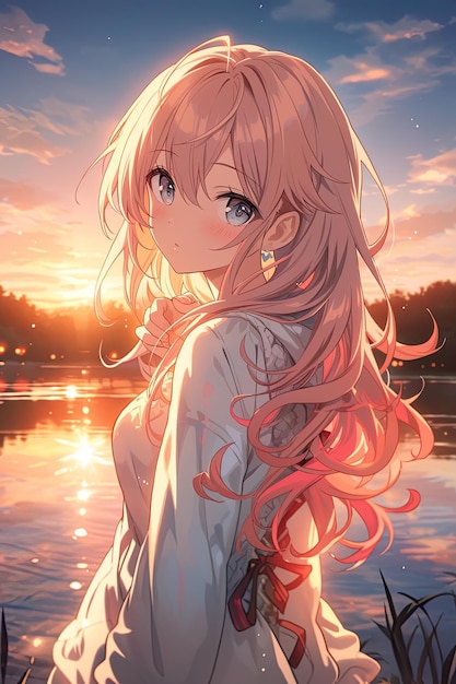 A girl with a white top and pink hair stands in front of a lake anime AI illustration digital virtual generativexA