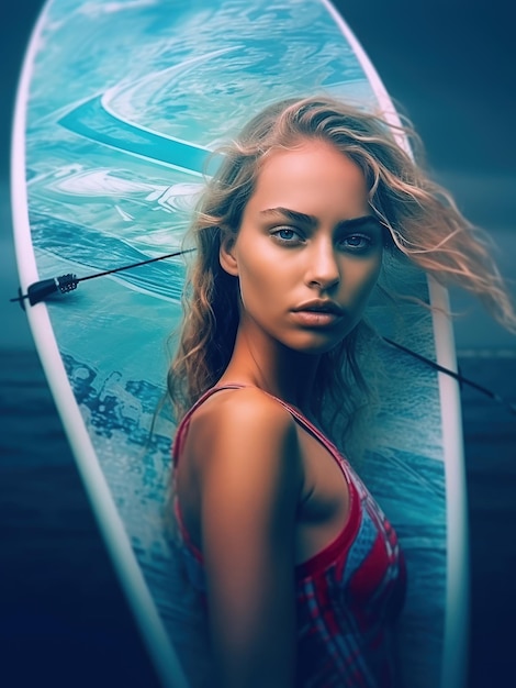 Girl with windsurfing board close up