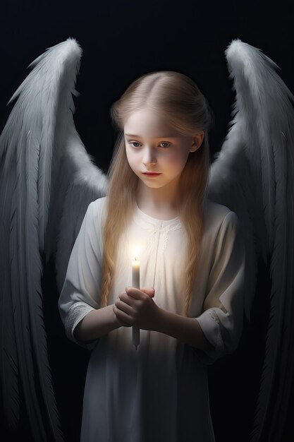 a girl with wings holding a candle