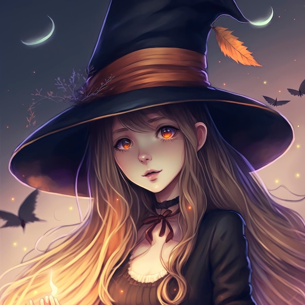 A girl with a witch hat and bats on her head