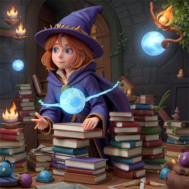 a girl with a witch hat and a book with the words " witch " on it.