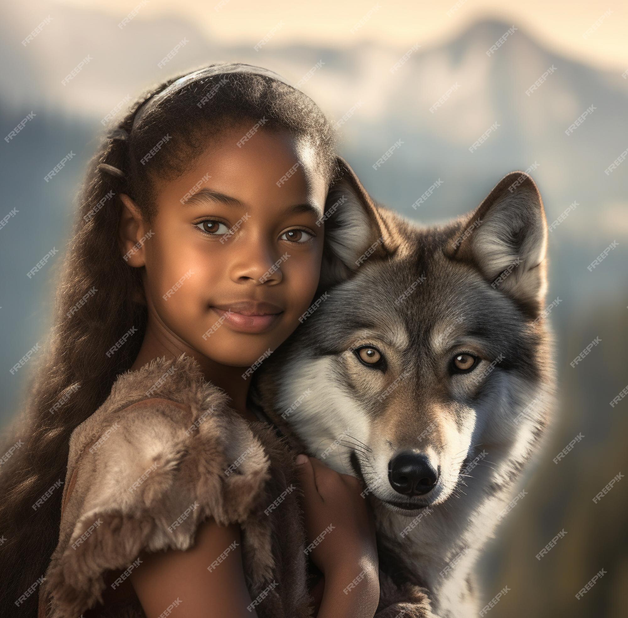 Premium AI Image | a girl with a wolf and a mountain in the background