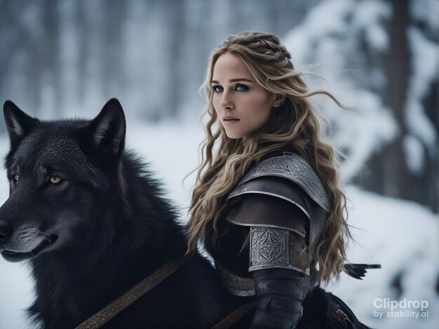 Photo girl with a wolf in snow mountians