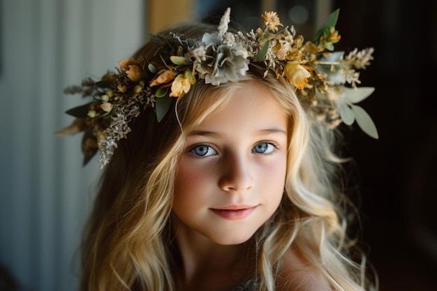 a girl with a wreath of flowers on her head