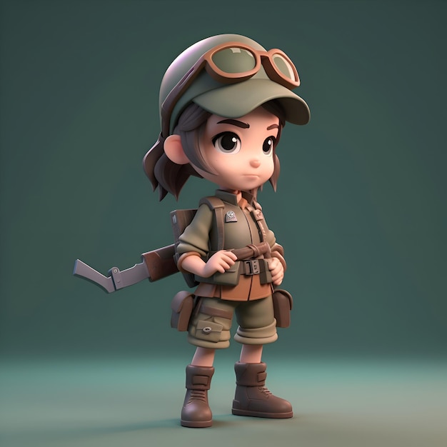 第2次世界大戦の軍服を着た少女 3Dレンダリングイラスト