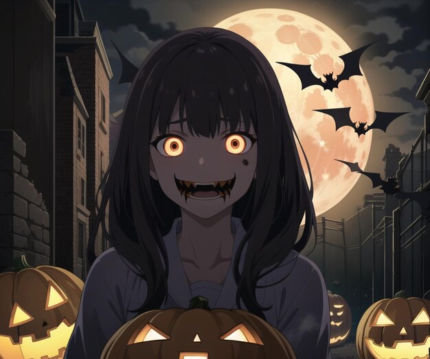 A girl with yellow eyes stands in front of pumpkins with bats flying around her.