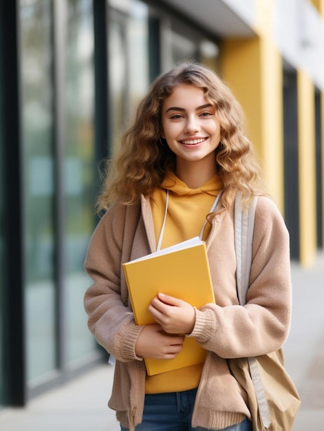 a girl with a yellow folder is holding a yellow folder.