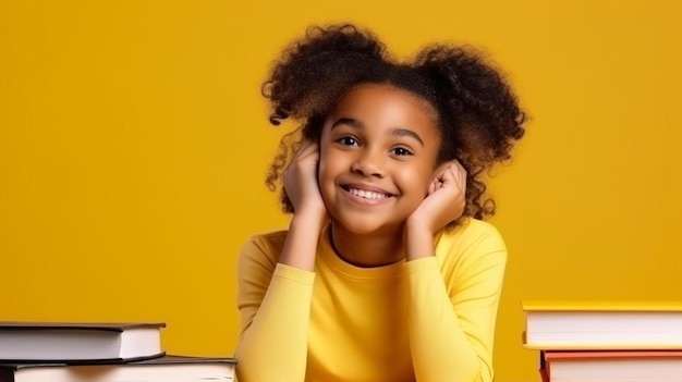 Photo a girl with a yellow shirt is smiling and has a picture of her smiling