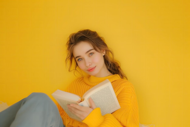 a girl with a yellow sweater reading a book