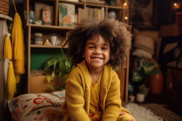 A girl with a yellow sweater sits on a carpet in a living room.