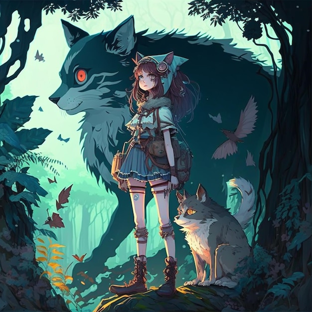 A girl and a wolf in the forest