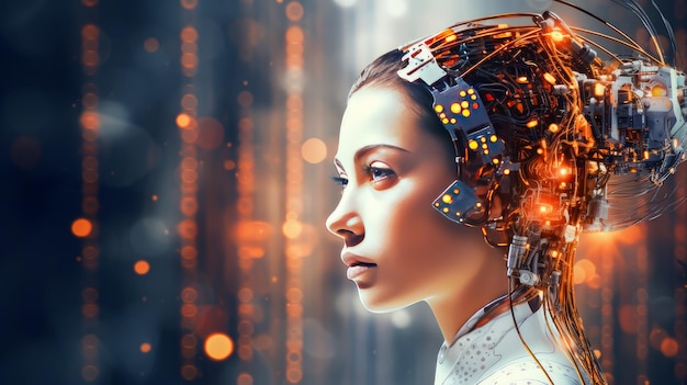 Girl woman connected by neural networks with AI