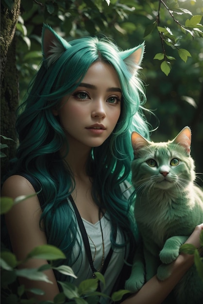 Girl woman green hair with tree cats and cat ears photorealism realist fantasy